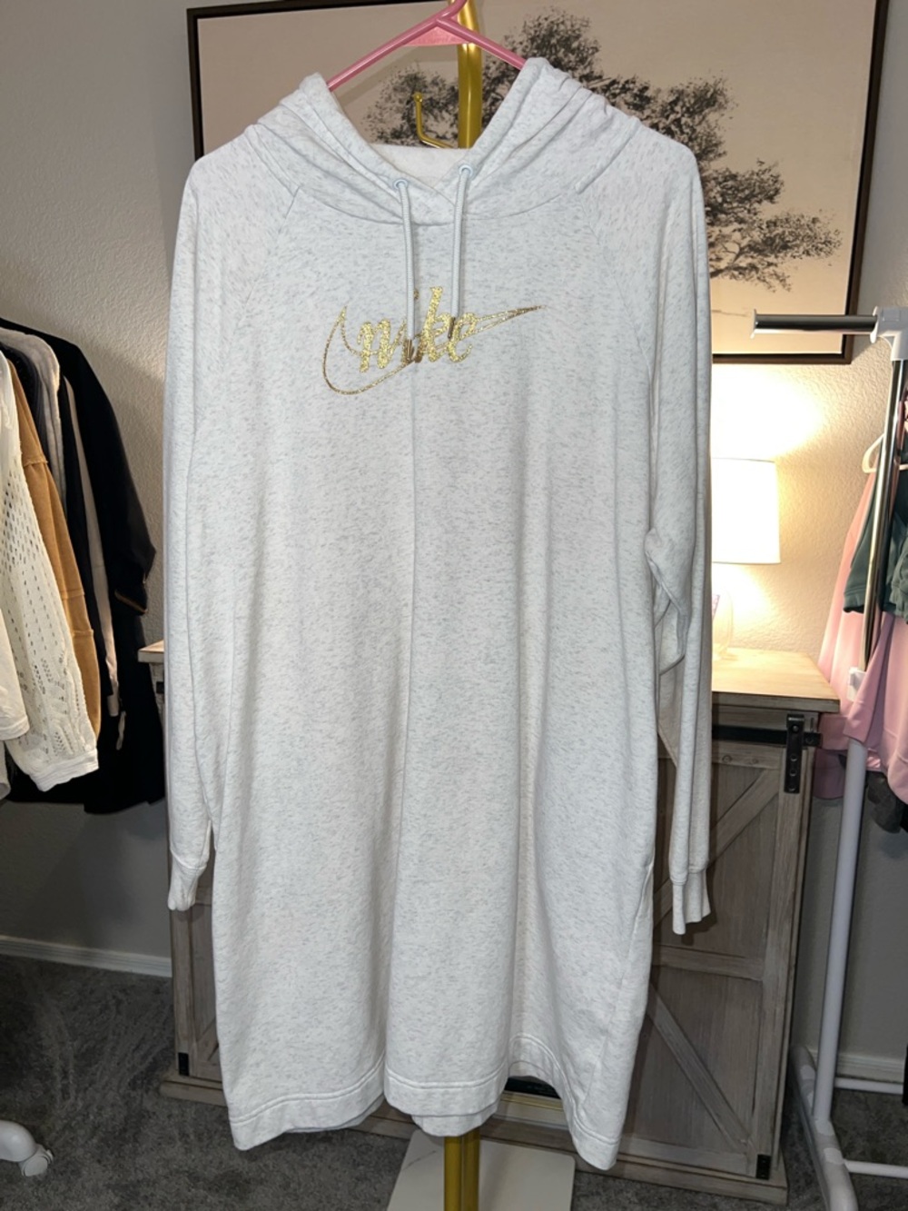 Nike Sweatshirt Gold Script Logo Hoodie Dress - White Heather Women’s Size L